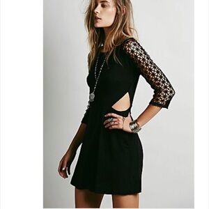 Free People Black Mini Dress Crochet Sleeves M Witchy Whimsigoth Dark Feminine